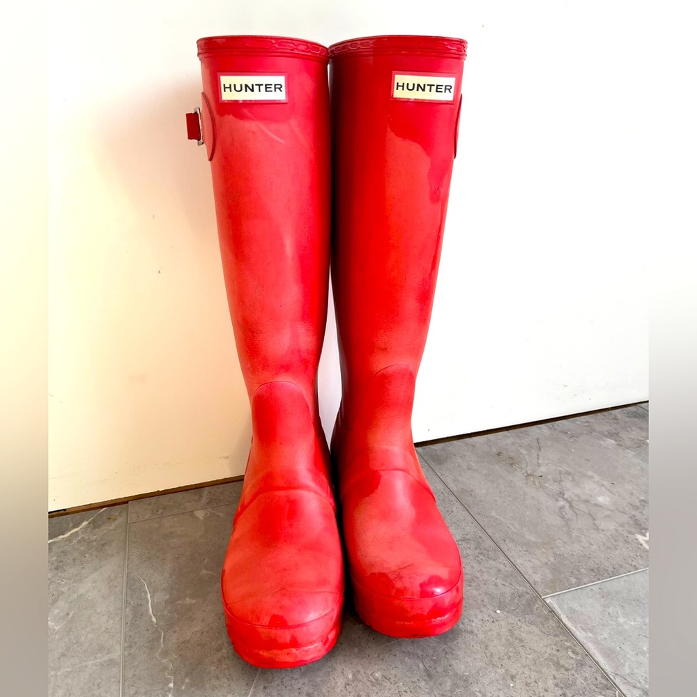 Red tall Hunter boots
